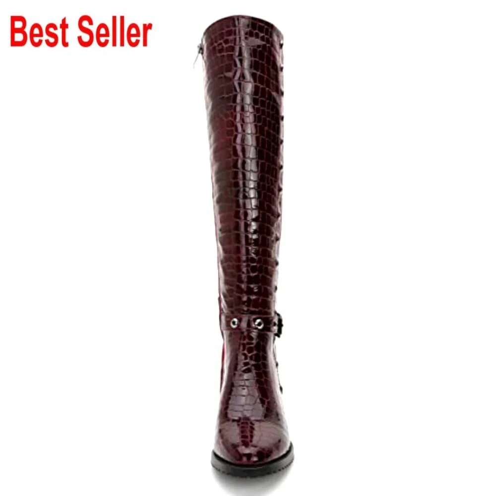 Faux Leather Knee-High Boots with Crocodile Print and Perforated Trim